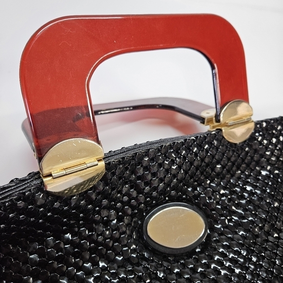 VINTAGE ELKA Black Metal Mesh Lucite Plastic Handle Satchel Bag - Picture 3 of 9